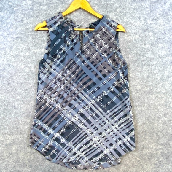 Cabi Graph Blouse‎ Size S Gray Blue Taupe Plaid Floral Keyhole Sleeveless Ruffle - Picture 1 of 13